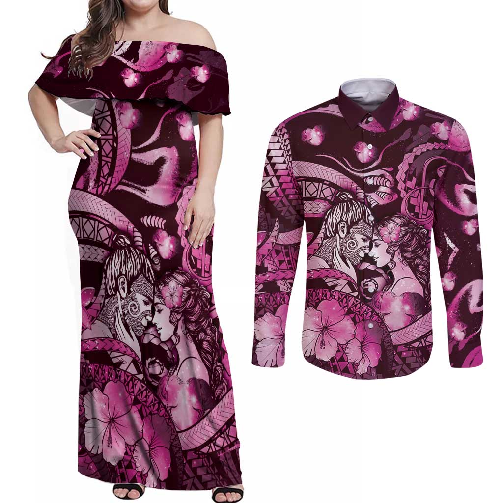 Personalised Maori Romantic Valentine Couples Matching Off Shoulder Maxi Dress and Long Sleeve Button Shirt The Hongi Kiss Pink Galaxy