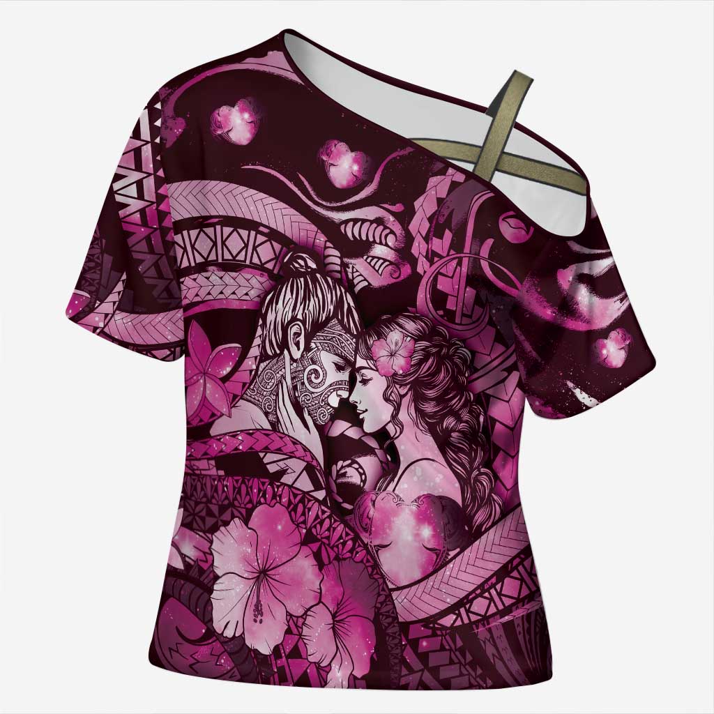 Personalised Maori Romantic Valentine Cross Shoulder Shirt The Hongi Kiss Pink Galaxy DT05 Female Pink - Polynesian Pride