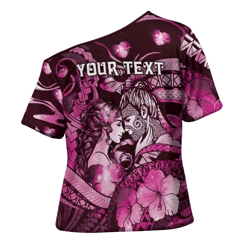 Personalised Maori Romantic Valentine Cross Shoulder Shirt The Hongi Kiss Pink Galaxy DT05 - Polynesian Pride