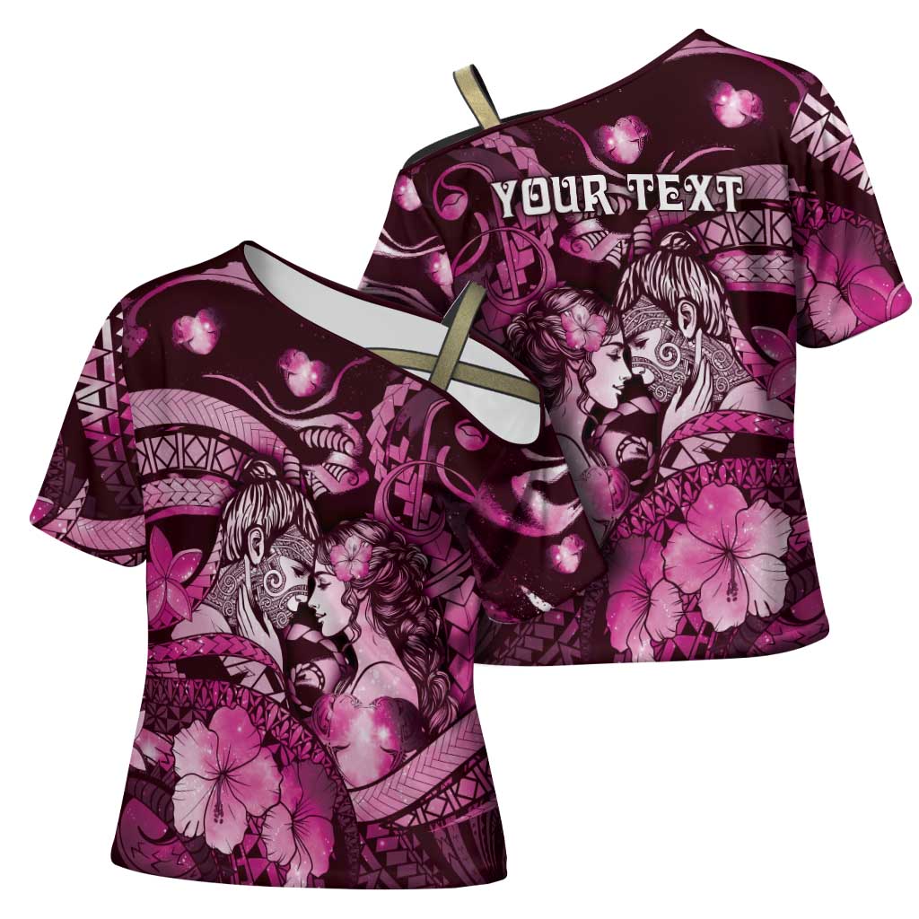 Personalised Maori Romantic Valentine Cross Shoulder Shirt The Hongi Kiss Pink Galaxy DT05 - Polynesian Pride