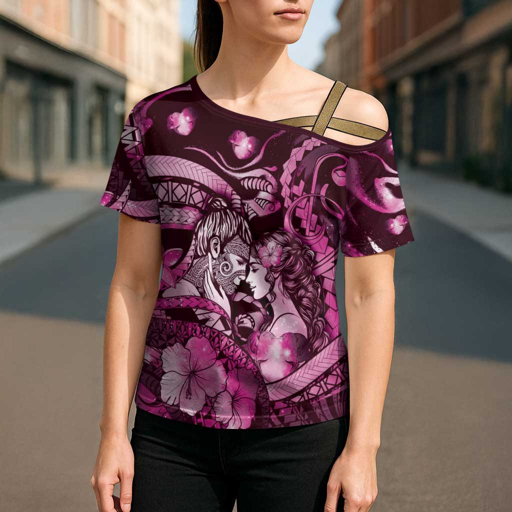 Personalised Maori Romantic Valentine Cross Shoulder Shirt The Hongi Kiss Pink Galaxy DT05 - Polynesian Pride