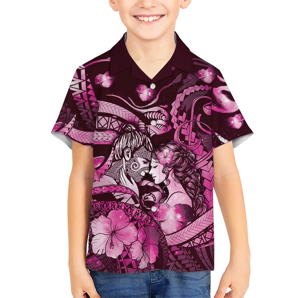 Personalised Maori Romantic Valentine Family Matching Off The Shoulder Long Sleeve Dress and Hawaiian Shirt The Hongi Kiss Pink Galaxy