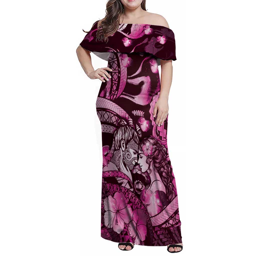 Personalised Maori Romantic Valentine Family Matching Off Shoulder Maxi Dress and Hawaiian Shirt The Hongi Kiss Pink Galaxy