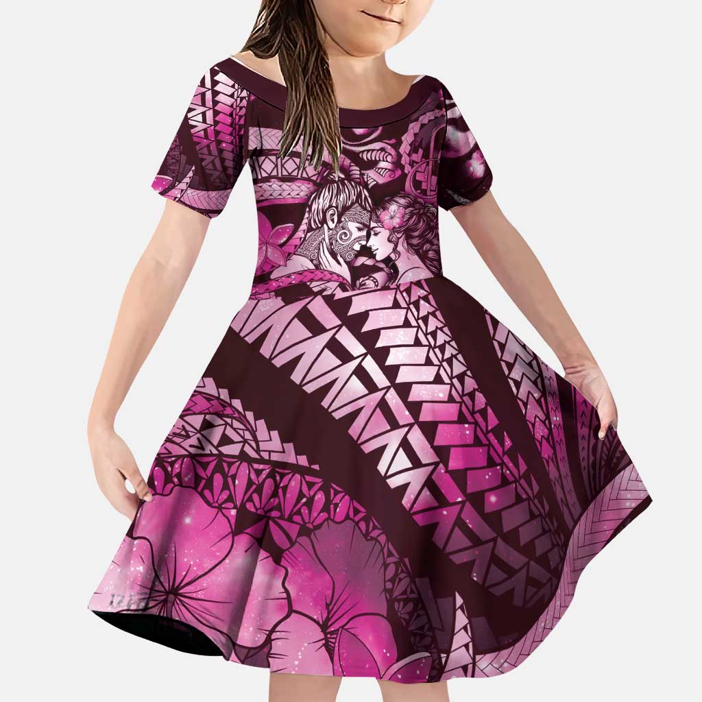 Personalised Maori Romantic Valentine Family Matching Off Shoulder Short Dress and Hawaiian Shirt The Hongi Kiss Pink Galaxy