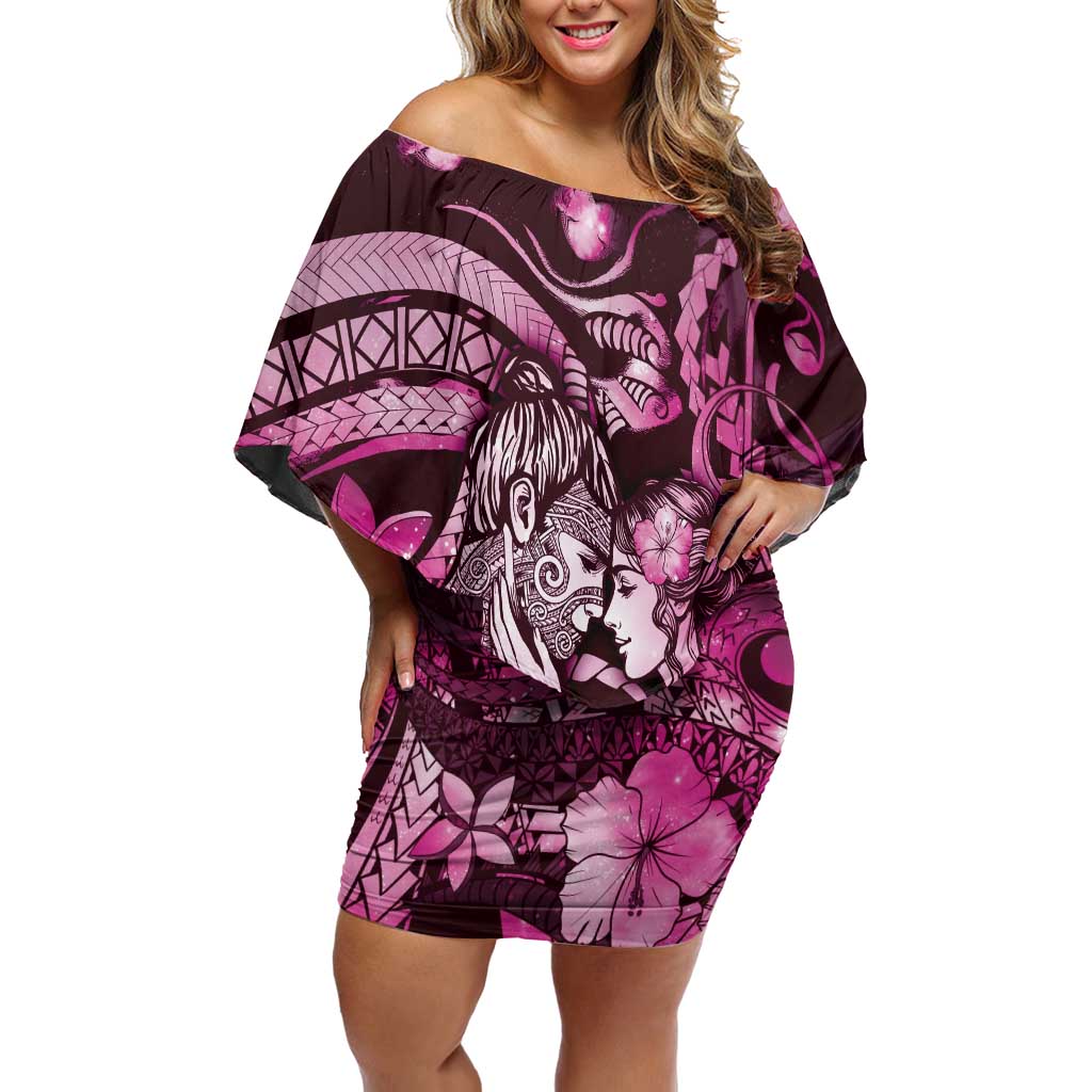 Personalised Maori Romantic Valentine Family Matching Off Shoulder Short Dress and Hawaiian Shirt The Hongi Kiss Pink Galaxy
