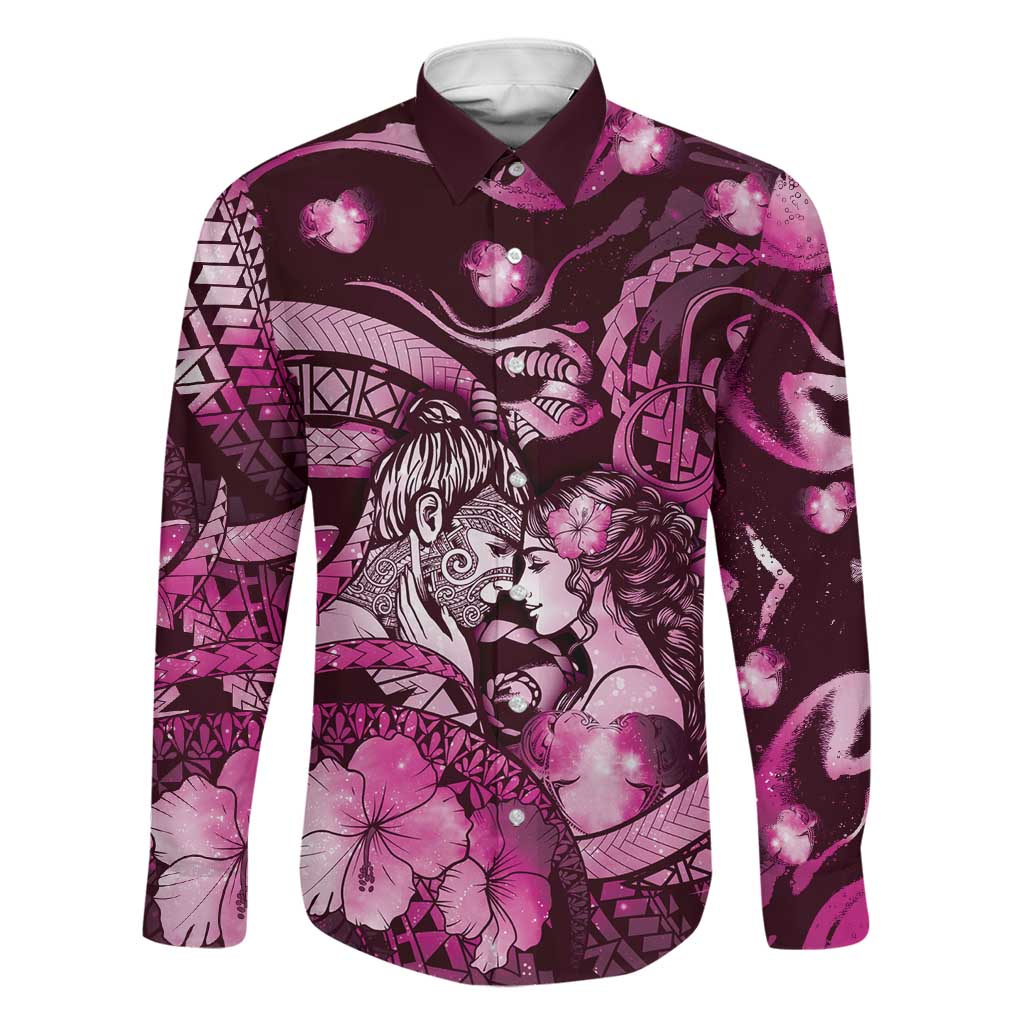 Personalised Maori Romantic Valentine Family Matching Puletasi and Hawaiian Shirt The Hongi Kiss Pink Galaxy