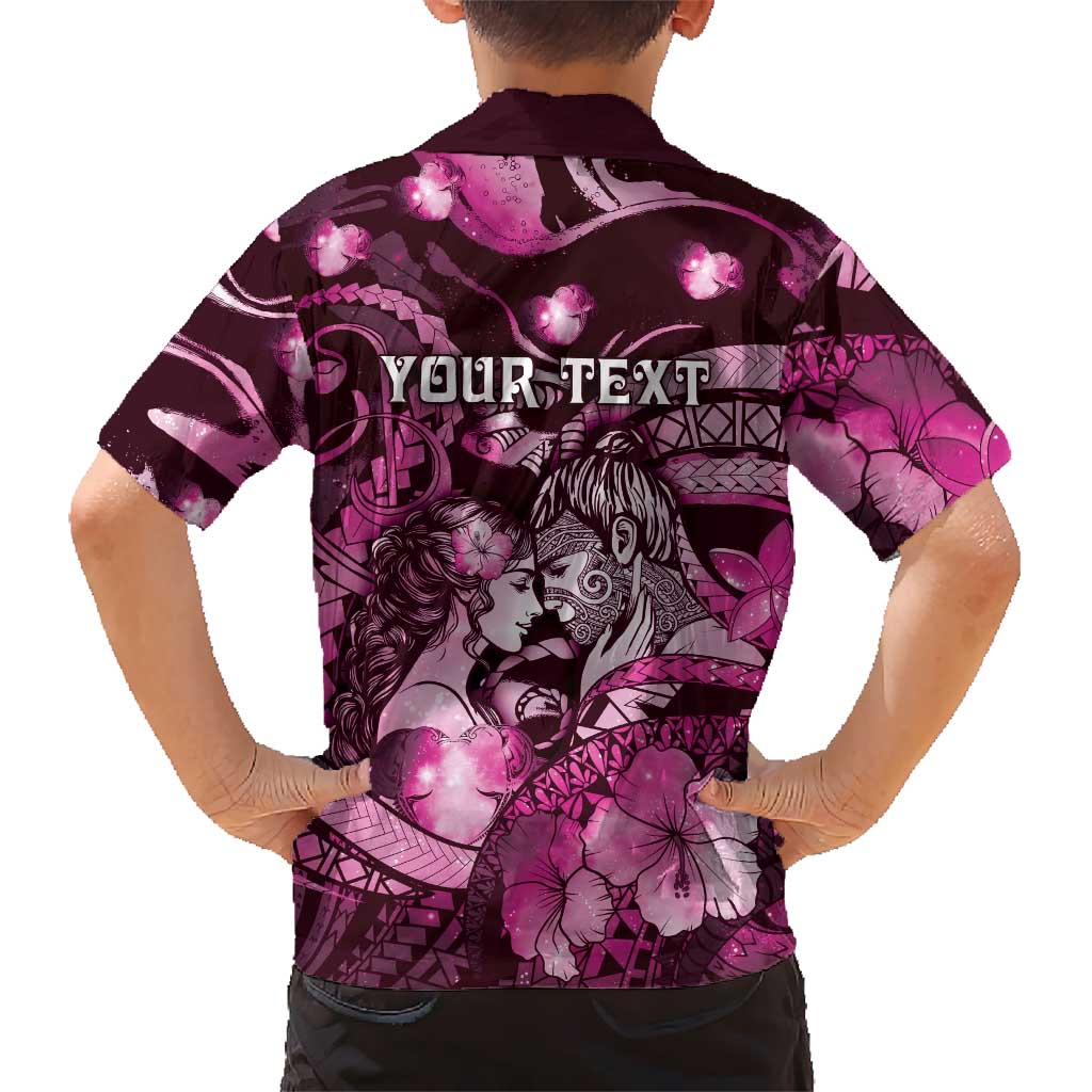 Personalised Maori Romantic Valentine Family Matching Short Sleeve Bodycon Dress and Hawaiian Shirt The Hongi Kiss Pink Galaxy