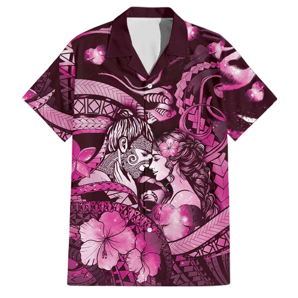 Personalised Maori Romantic Valentine Family Matching Short Sleeve Bodycon Dress and Hawaiian Shirt The Hongi Kiss Pink Galaxy