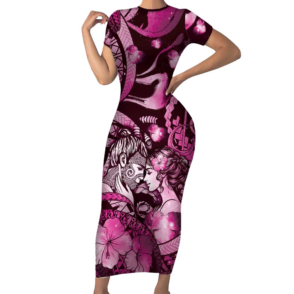 Personalised Maori Romantic Valentine Family Matching Short Sleeve Bodycon Dress and Hawaiian Shirt The Hongi Kiss Pink Galaxy