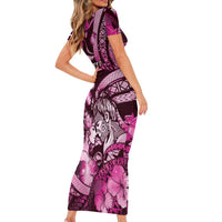 Personalised Maori Romantic Valentine Family Matching Short Sleeve Bodycon Dress and Hawaiian Shirt The Hongi Kiss Pink Galaxy
