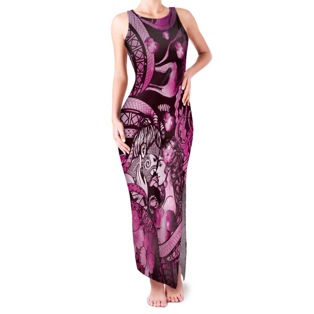 Personalised Maori Romantic Valentine Family Matching Tank Maxi Dress and Hawaiian Shirt The Hongi Kiss Pink Galaxy