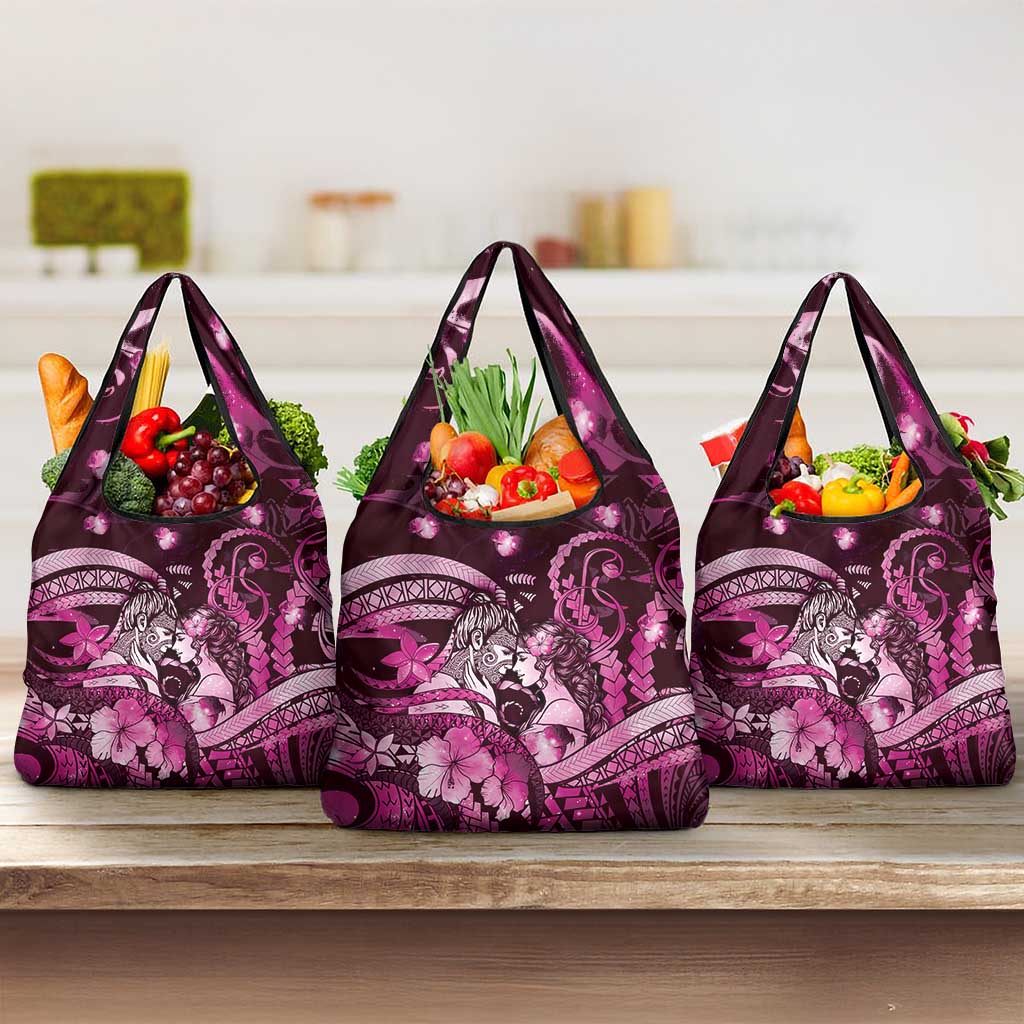 Maori Romantic Valentine Grocery Bag The Hongi Kiss Pink Galaxy DT05 3-pack One Size Pink - Polynesian Pride