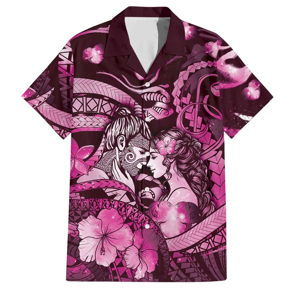 Personalised Maori Romantic Valentine Hawaiian Shirt The Hongi Kiss Pink Galaxy