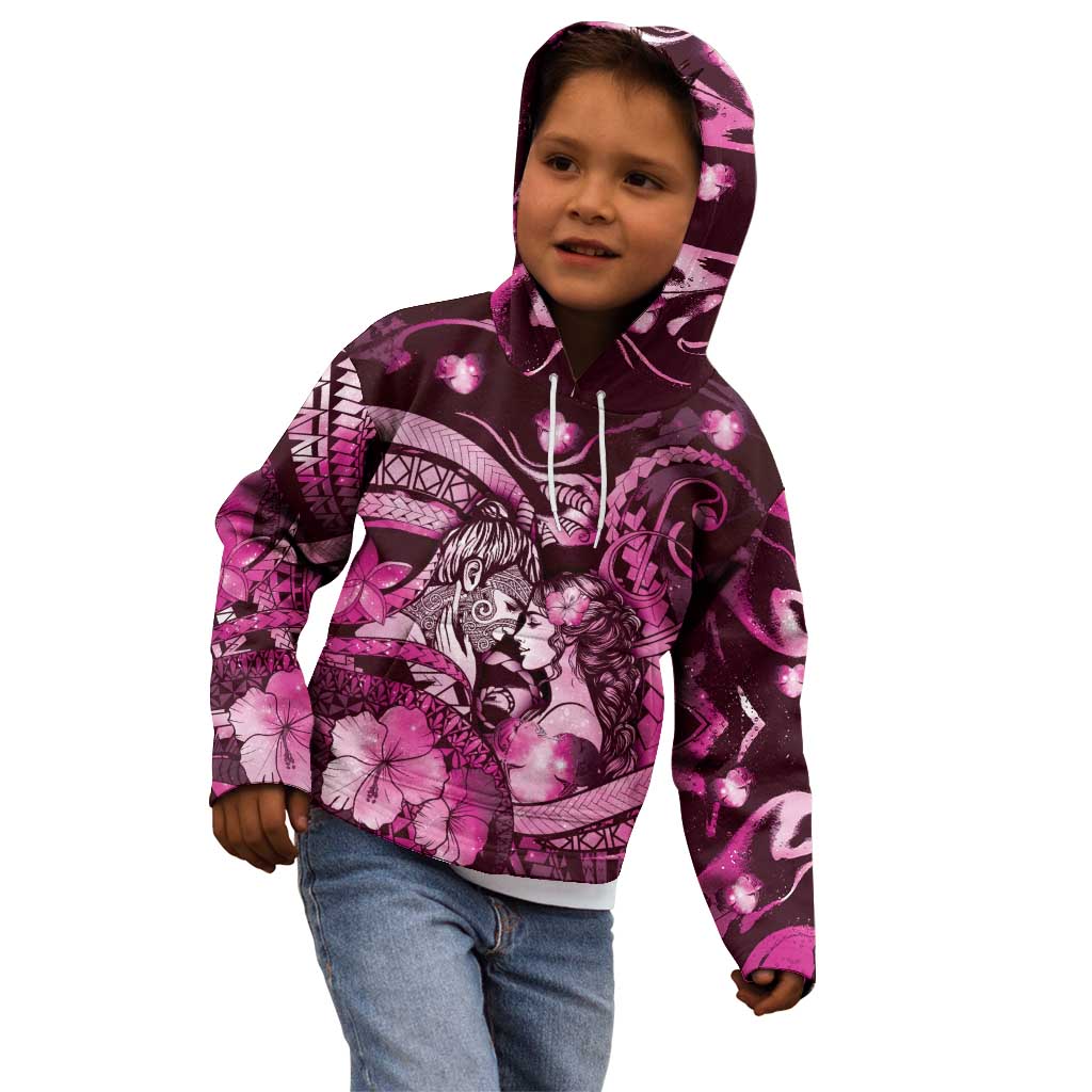 Personalised Maori Romantic Valentine Kid Hoodie The Hongi Kiss Pink Galaxy DT05 - Polynesian Pride