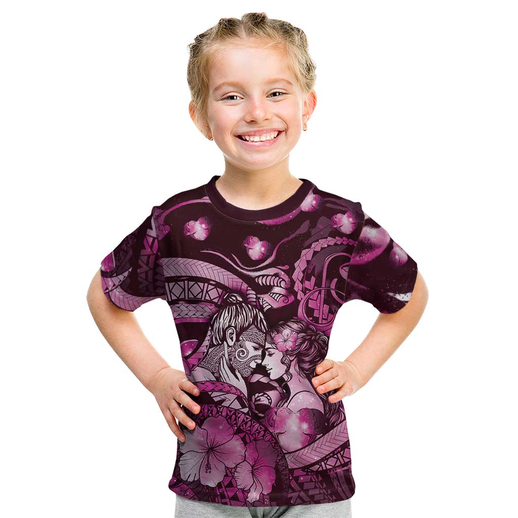 Personalised Maori Romantic Valentine Kid T Shirt The Hongi Kiss Pink Galaxy DT05 Pink - Polynesian Pride