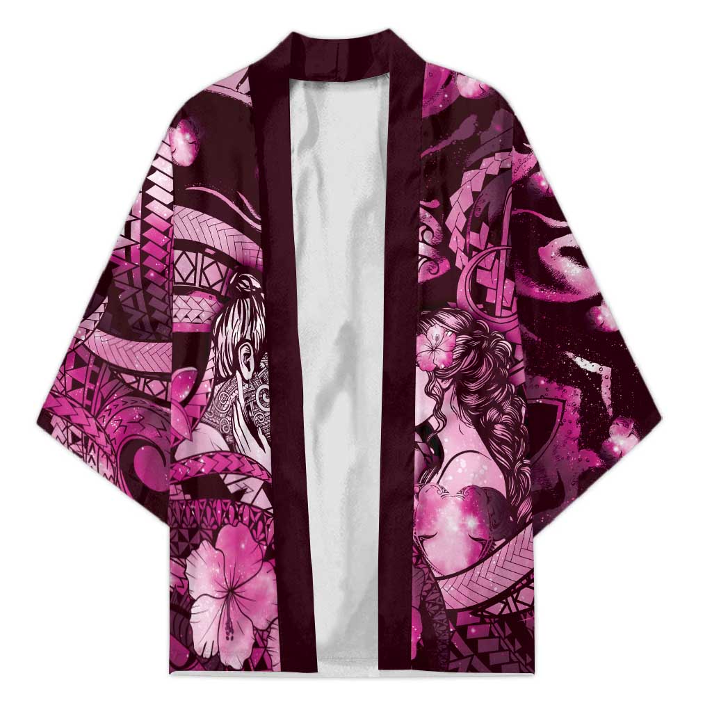 Personalised Maori Romantic Valentine Kimono The Hongi Kiss Pink Galaxy DT05 Unisex Pink - Polynesian Pride