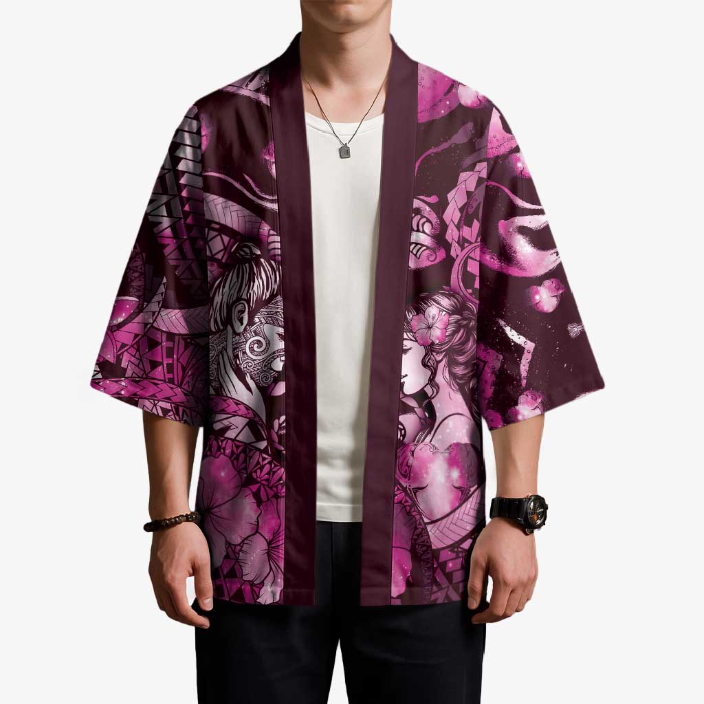 Personalised Maori Romantic Valentine Kimono The Hongi Kiss Pink Galaxy DT05 - Polynesian Pride