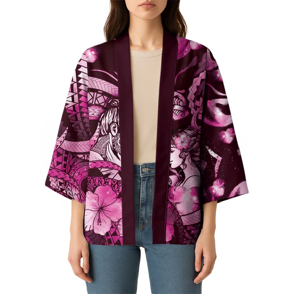 Personalised Maori Romantic Valentine Kimono The Hongi Kiss Pink Galaxy DT05 - Polynesian Pride