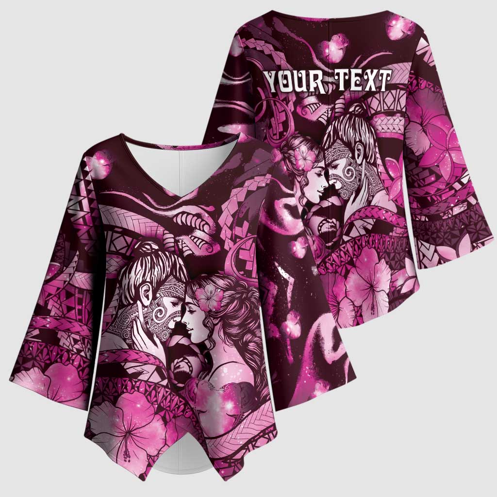 Personalised Maori Romantic Valentine Kimono Sleeve Blouse The Hongi Kiss Pink Galaxy DT05 - Polynesian Pride