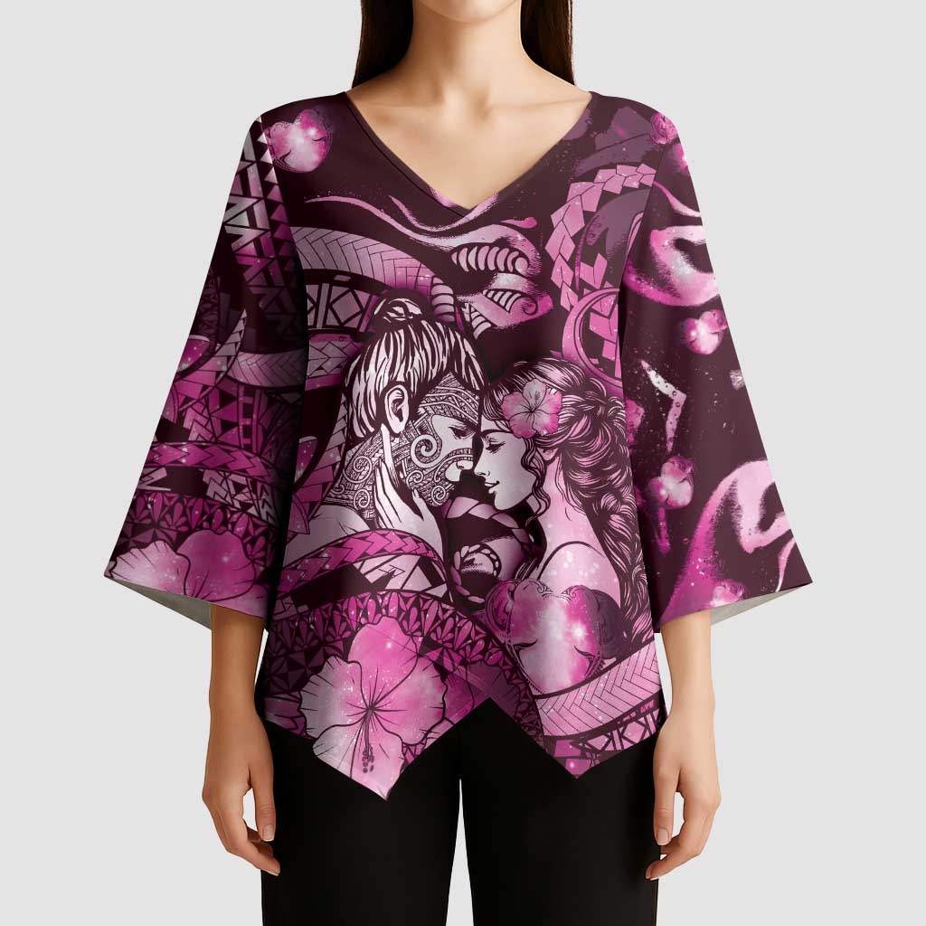 Personalised Maori Romantic Valentine Kimono Sleeve Blouse The Hongi Kiss Pink Galaxy DT05 - Polynesian Pride