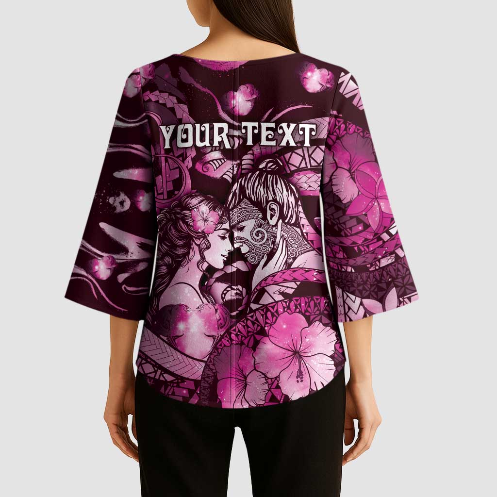 Personalised Maori Romantic Valentine Kimono Sleeve Blouse The Hongi Kiss Pink Galaxy DT05 - Polynesian Pride