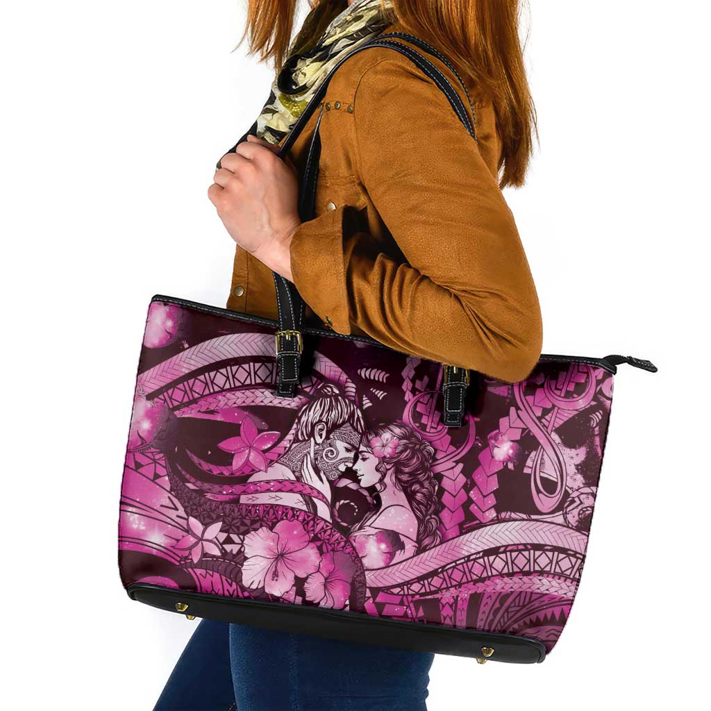 Maori Romantic Valentine Leather Tote Bag The Hongi Kiss Pink Galaxy DT05 Pink - Polynesian Pride