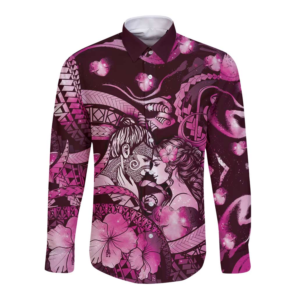Personalised Maori Romantic Valentine Long Sleeve Button Shirt The Hongi Kiss Pink Galaxy DT05 Unisex Pink - Polynesian Pride