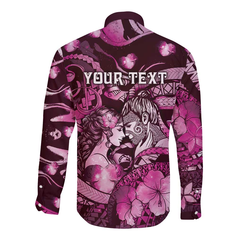 Personalised Maori Romantic Valentine Long Sleeve Button Shirt The Hongi Kiss Pink Galaxy