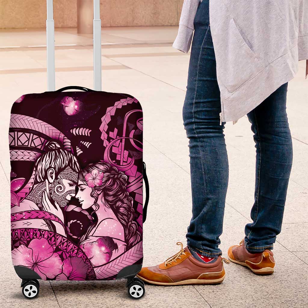 Maori Romantic Valentine Luggage Cover The Hongi Kiss Pink Galaxy DT05 Pink - Polynesian Pride