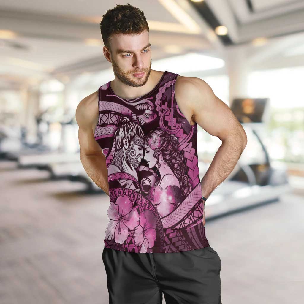 Personalised Maori Romantic Valentine Men Tank Top The Hongi Kiss Pink Galaxy DT05 Pink - Polynesian Pride