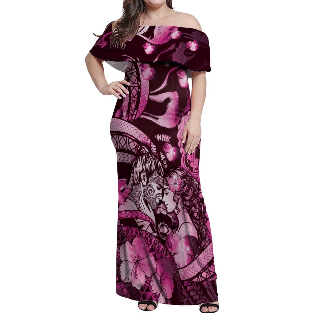 Personalised Maori Romantic Valentine Off Shoulder Maxi Dress The Hongi Kiss Pink Galaxy DT05 Women Pink - Polynesian Pride