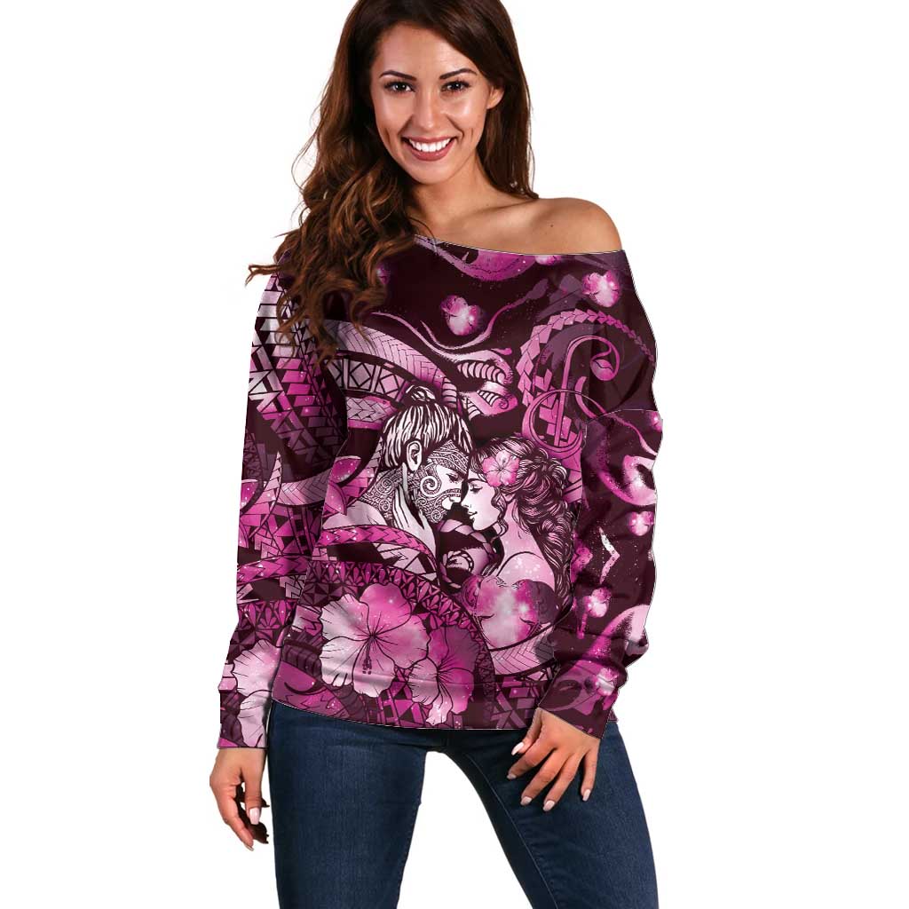 Personalised Maori Romantic Valentine Off Shoulder Sweater The Hongi Kiss Pink Galaxy DT05 Women Pink - Polynesian Pride