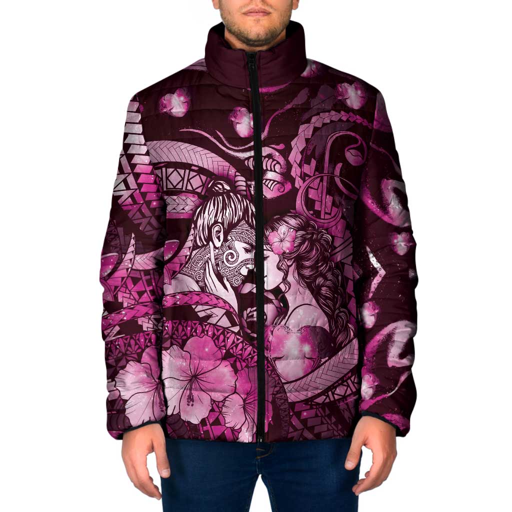 Personalised Maori Romantic Valentine Padded Jacket The Hongi Kiss Pink Galaxy DT05 Men Pink - Polynesian Pride