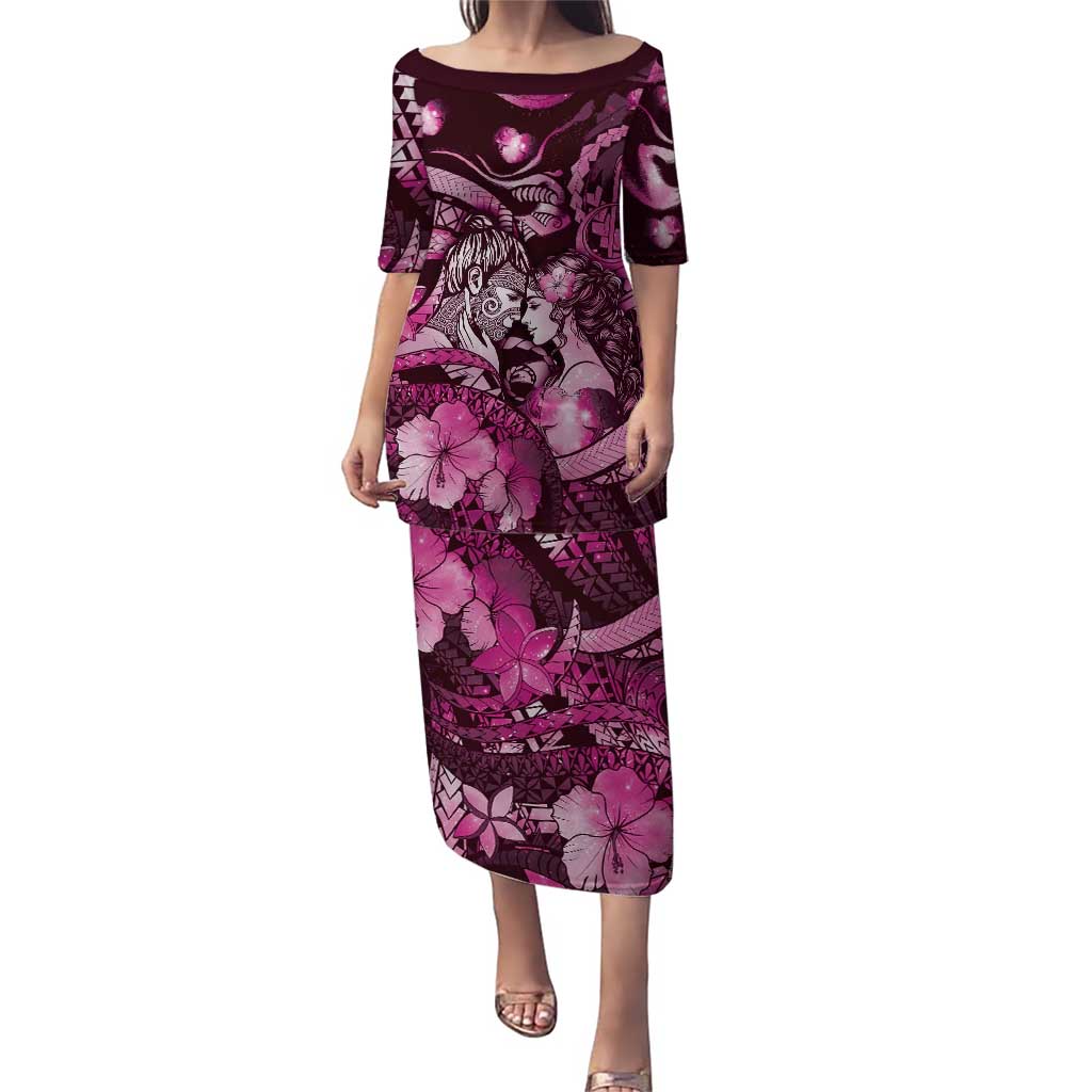 Personalised Maori Romantic Valentine Puletasi The Hongi Kiss Pink Galaxy DT05 Long Dress Pink - Polynesian Pride