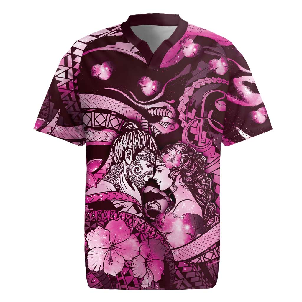 Personalised Maori Romantic Valentine Rugby Jersey The Hongi Kiss Pink Galaxy DT05 Pink - Polynesian Pride