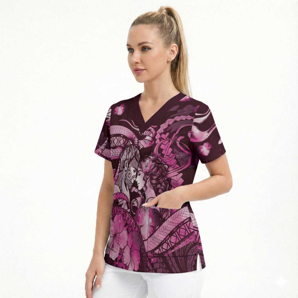 Personalised Maori Romantic Valentine Scrub Top The Hongi Kiss Pink Galaxy DT05 - Polynesian Pride