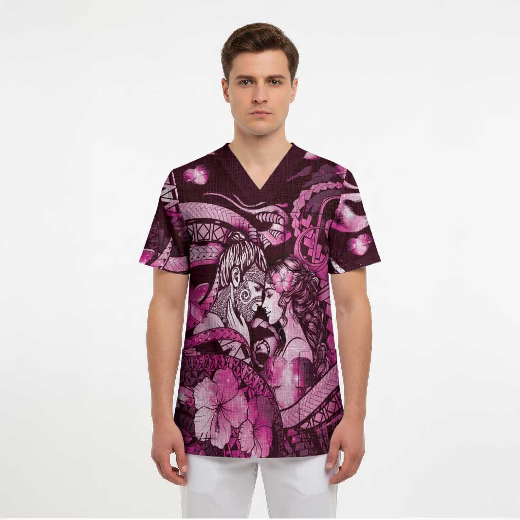 Personalised Maori Romantic Valentine Scrub Top The Hongi Kiss Pink Galaxy DT05 - Polynesian Pride