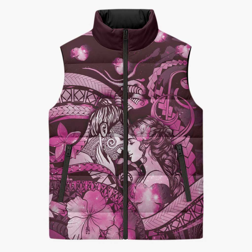 Personalised Maori Romantic Valentine Sleeveless Puffer Jacket The Hongi Kiss Pink Galaxy DT05 Unisex Pink - Polynesian Pride