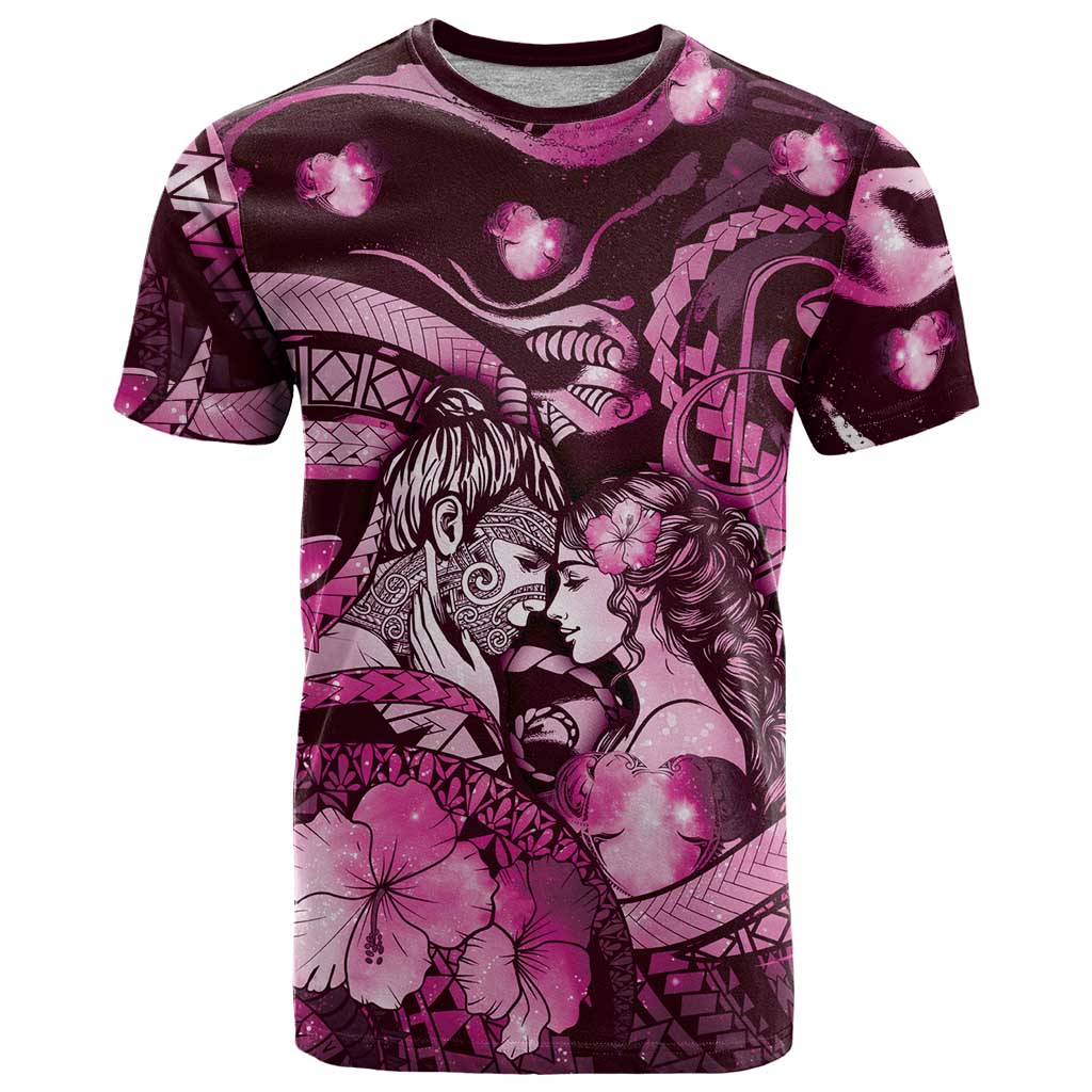 Personalised Maori Romantic Valentine T Shirt The Hongi Kiss Pink Galaxy DT05 Pink - Polynesian Pride