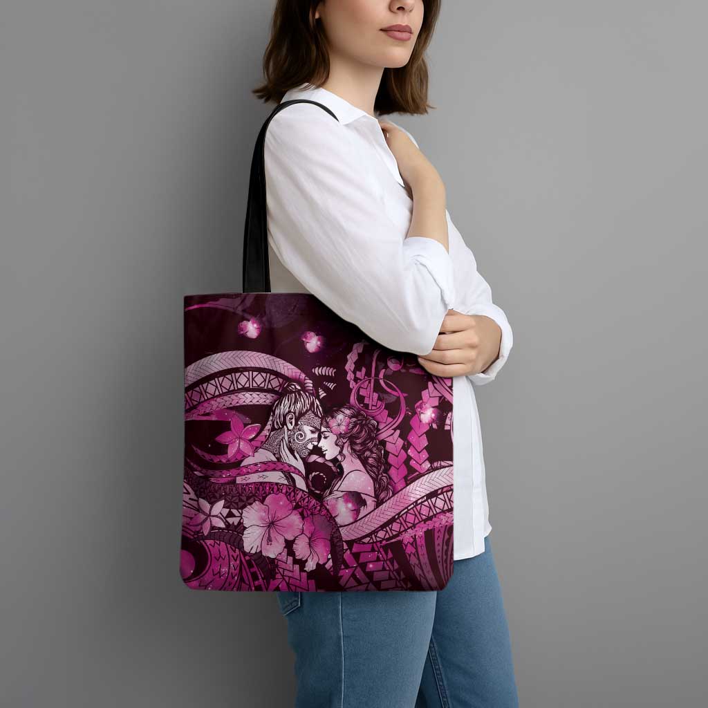 Maori Romantic Valentine Tote Bag The Hongi Kiss Pink Galaxy DT05 - Polynesian Pride
