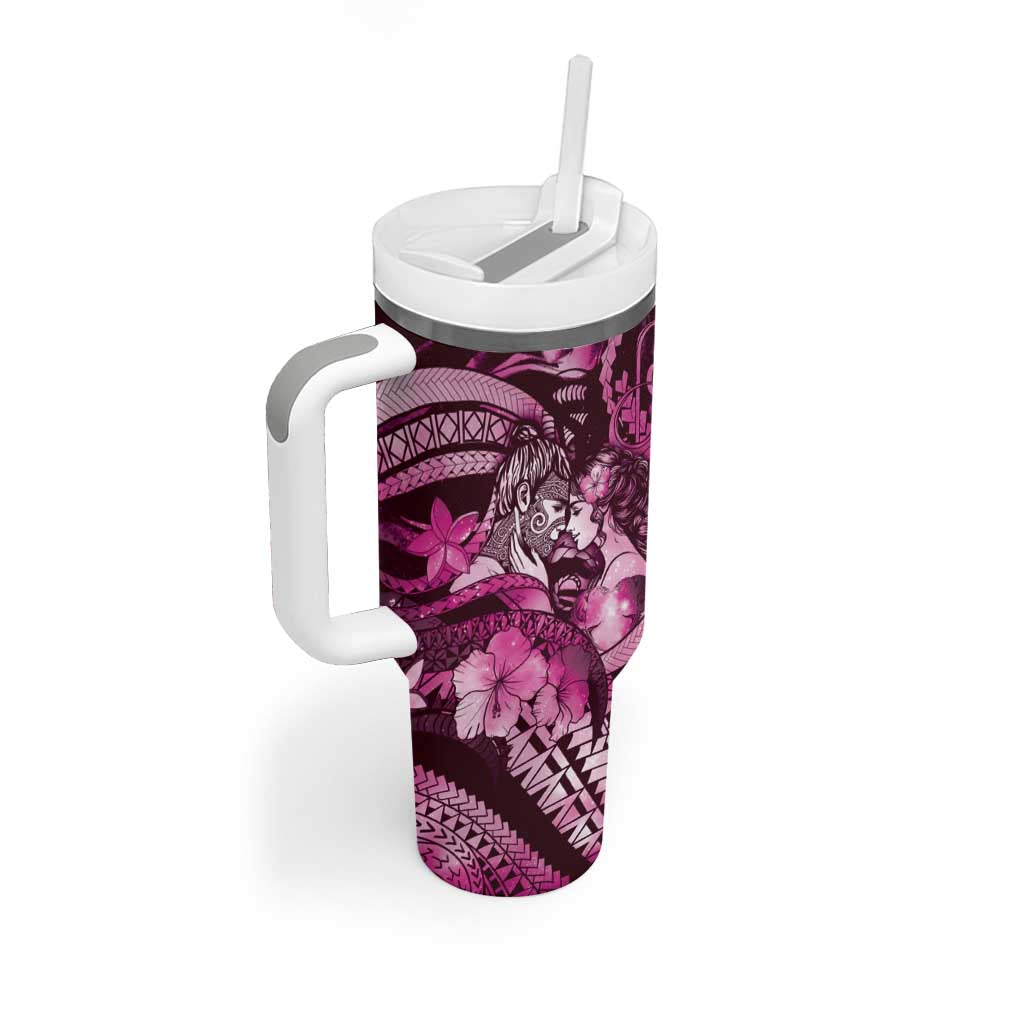 Personalised Maori Romantic Valentine Tumbler With Handle The Hongi Kiss Pink Galaxy DT05 - Polynesian Pride