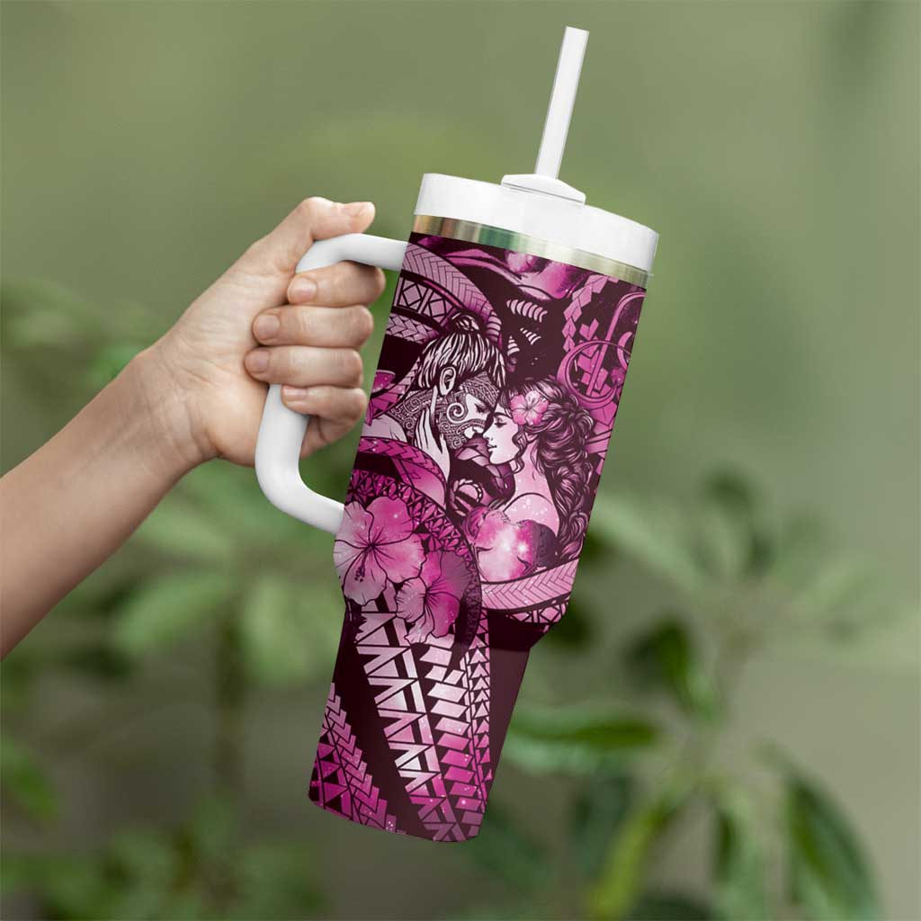 Personalised Maori Romantic Valentine Tumbler With Handle The Hongi Kiss Pink Galaxy DT05 - Polynesian Pride