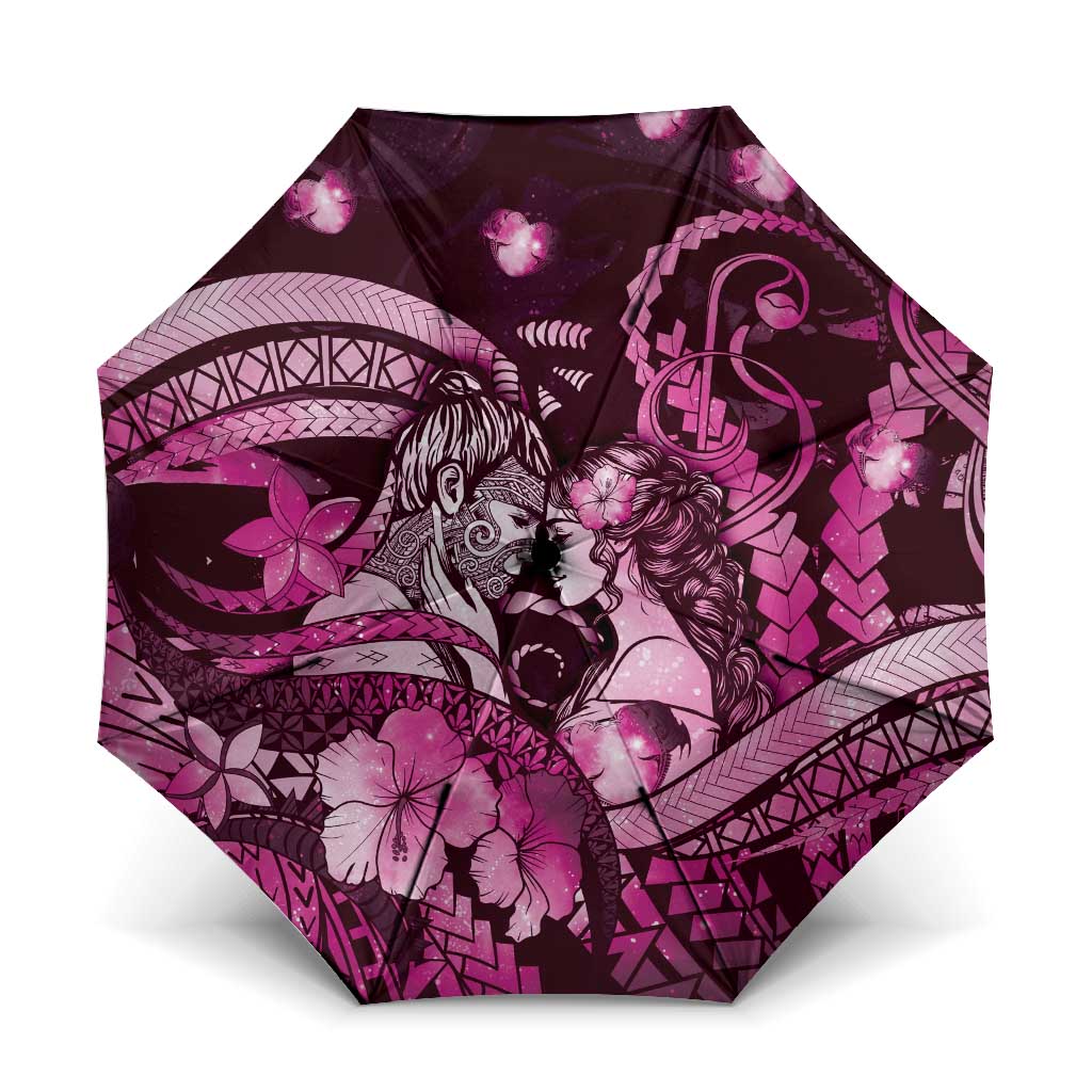 Maori Romantic Valentine Umbrella The Hongi Kiss Pink Galaxy DT05 One Size Folded 11.42 inch Opened Diameter 37.4 inch Pink - Polynesian Pride
