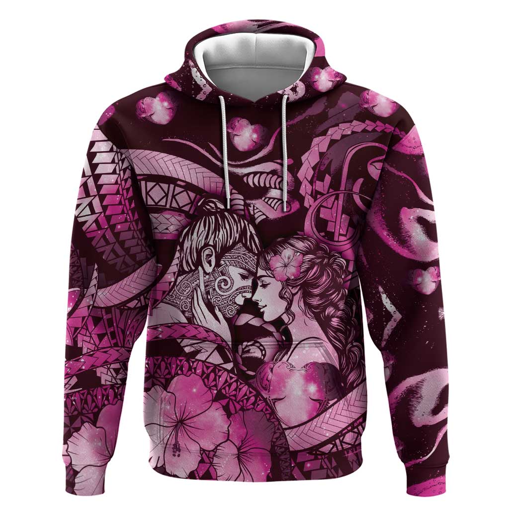 Personalised Maori Romantic Valentine Zip Hoodie The Hongi Kiss Pink Galaxy DT05 Pullover Hoodie Pink - Polynesian Pride
