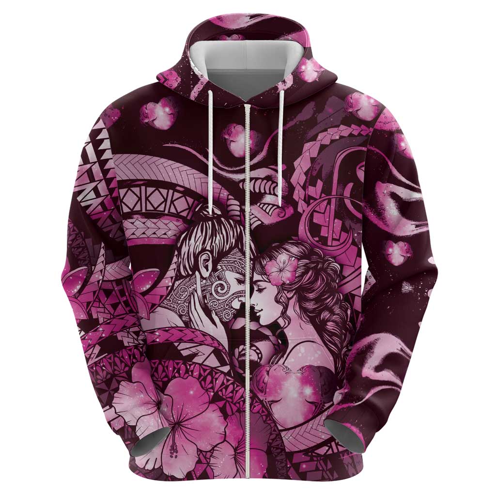 Personalised Maori Romantic Valentine Zip Hoodie The Hongi Kiss Pink Galaxy DT05 - Polynesian Pride