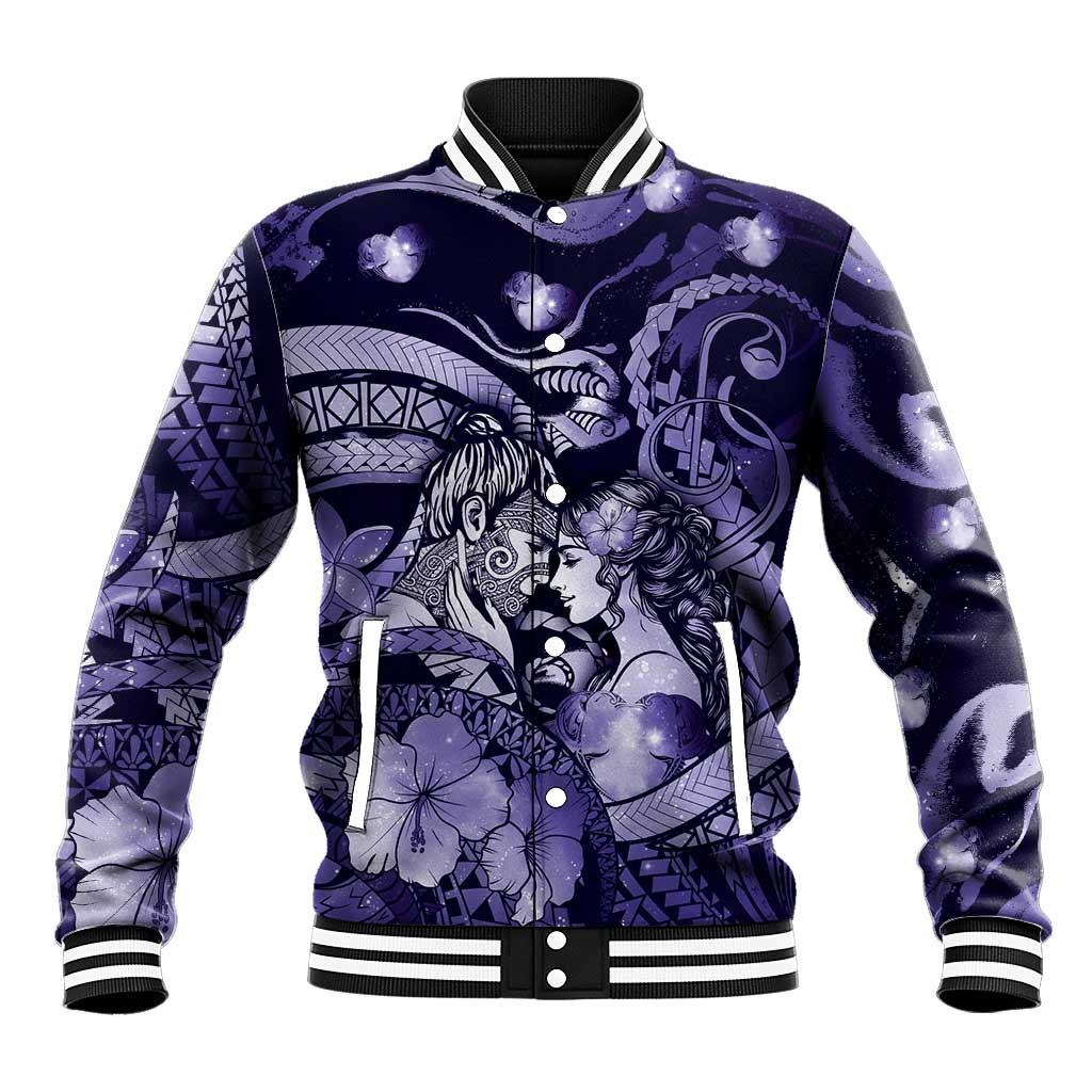 Personalised Maori Romantic Valentine Baseball Jacket The Hongi Kiss Purple Galaxy DT05 Unisex Purple - Polynesian Pride