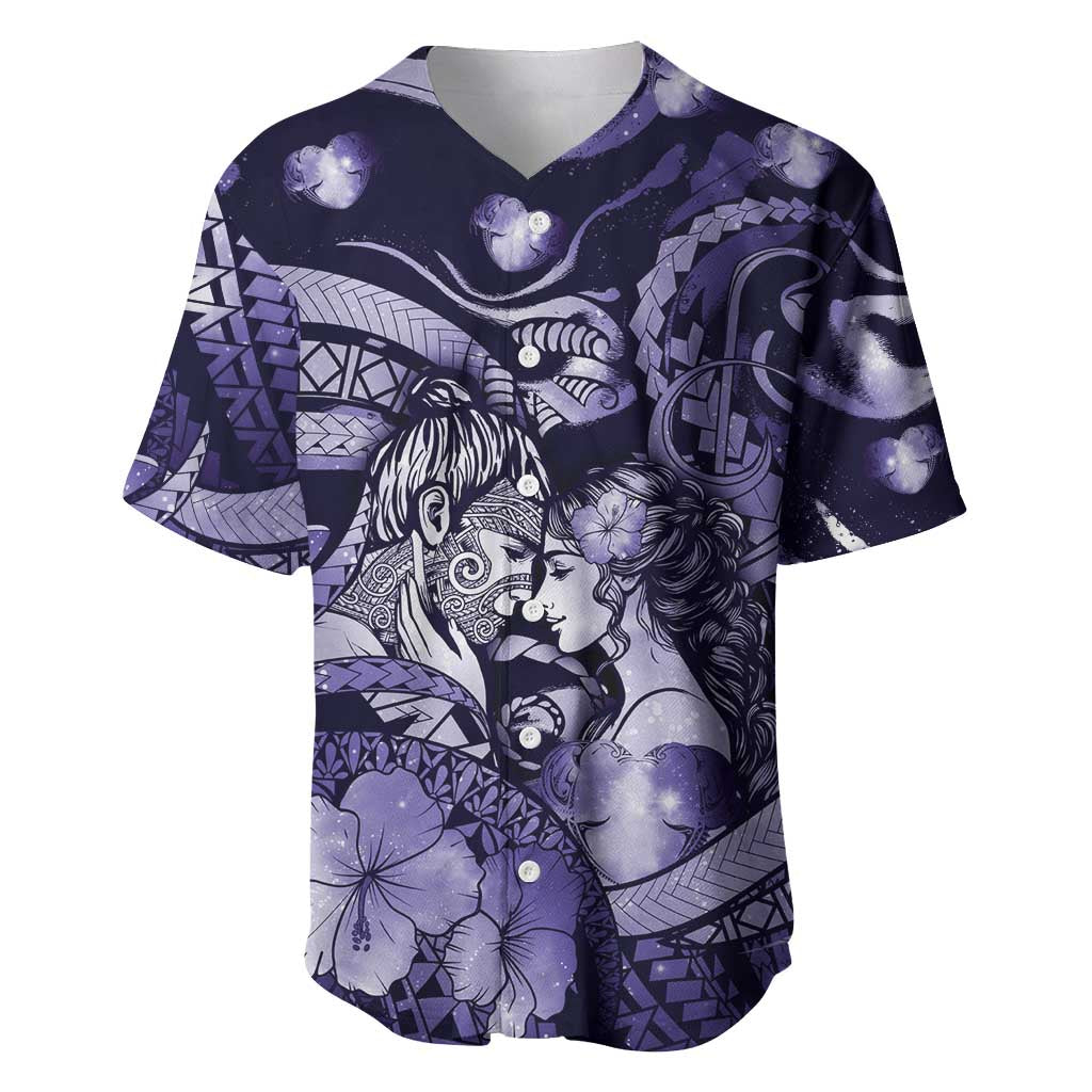 Personalised Maori Romantic Valentine Baseball Jersey The Hongi Kiss Purple Galaxy DT05 Purple - Polynesian Pride