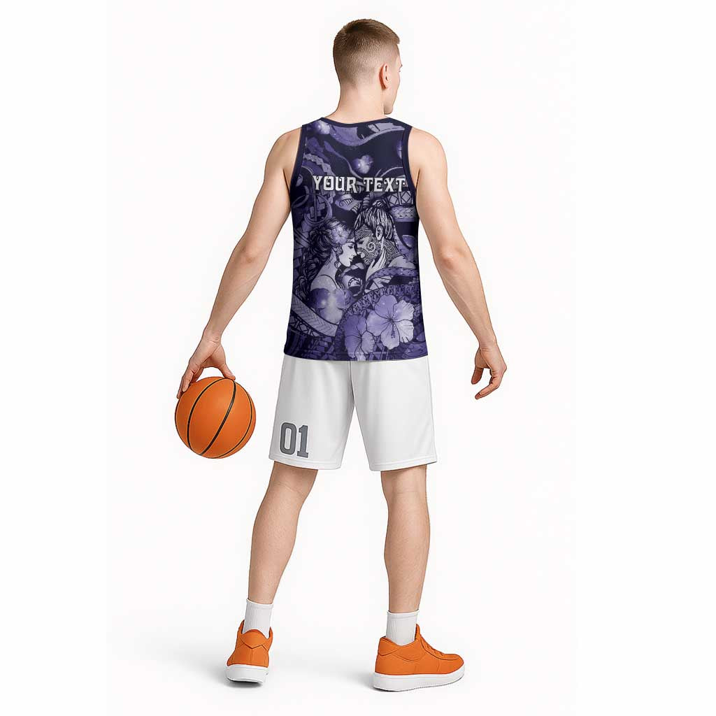 Personalised Maori Romantic Valentine Basketball Jersey The Hongi Kiss Purple Galaxy DT05 - Polynesian Pride
