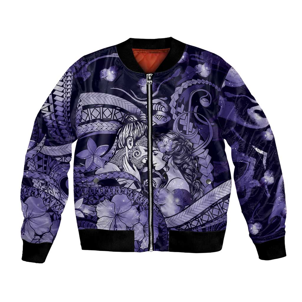 Personalised Maori Romantic Valentine Bomber Jacket The Hongi Kiss Purple Galaxy DT05 Unisex Purple - Polynesian Pride