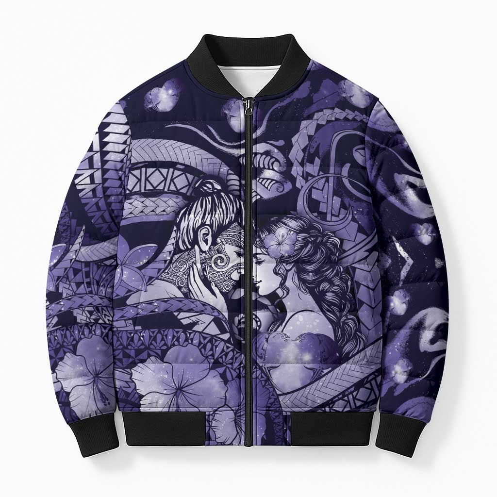 Personalised Maori Romantic Valentine Bomber Puffer Jacket The Hongi Kiss Purple Galaxy DT05 Unisex Purple - Polynesian Pride